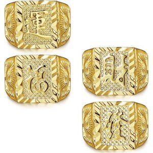 4 Pcs Men's Gold Plated Ring Wedding Ring Kanji Ring Rich/Luck/Wealth Ring Set